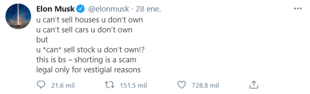 Elon Musk en su tuit contra los bajistas