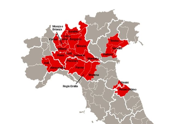 Regiones con cuarentena en Italia